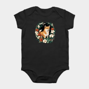 Shiba Inu Dog, Rose, Floral Ornament Baby Bodysuit